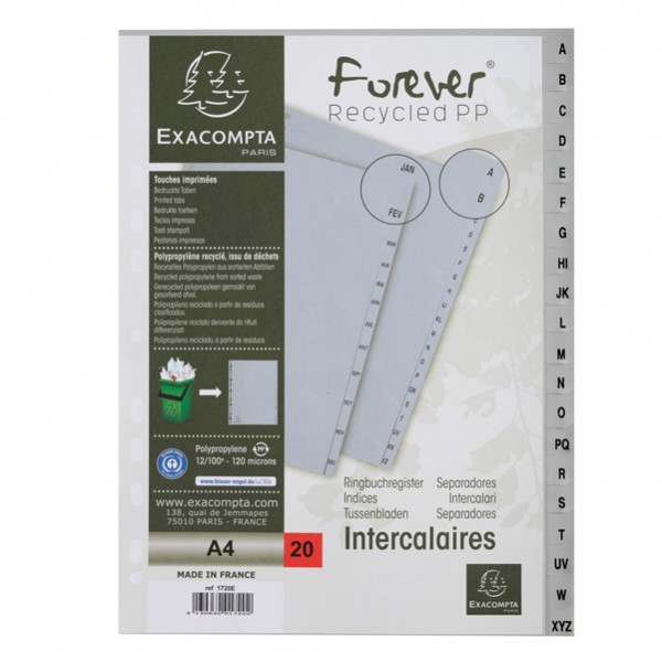 Intercalare alfabetico - PP riciclato - A4 - A-Z - grigio - Exacompta Intercalare alfabetico - PP riciclato - A4 - A-Z - grigio - Exacompta