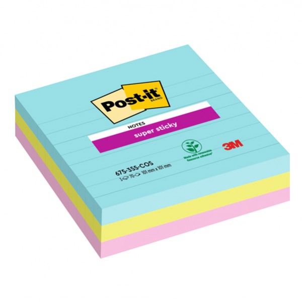 Blocco Post-it Super Sticky - 675-3SS-COS - a righe - 101 x 101 mm - colori Cosmic - 70 fogli - Post-it - conf. 3 pezzi Blocco Post-it Super Sticky - 675-3SS-COS - a righe - 101 x 101 mm - colori Cosmic - 70 fogli - Post-it - conf. 3 pezzi