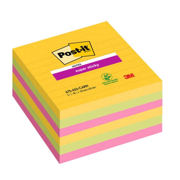Blocco Post-it Super Sticky - 675-6SS-CARN - a righe - 101 x 101 mm - colori Carnival - 90 fogli - Post-it - conf. 6 pezzi Blocco Post-it Super Sticky - 675-6SS-CARN - a righe - 101 x 101 mm - colori Carnival - 90 fogli - Post-it - conf. 6 pezzi