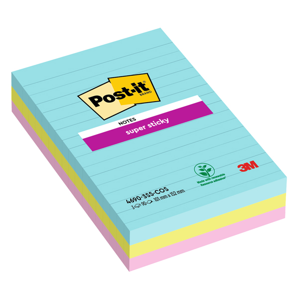Blocco Post-it Super Sticky - 4690-SS3COS - a righe - 101 x 152 mm - colori Cosmic - 90 fogli - Post-it - conf. 3 pezzi Blocco Post-it Super Sticky - 4690-SS3COS - a righe - 101 x 152 mm - colori Cosmic - 90 fogli - Post-it - conf. 3 pezzi
