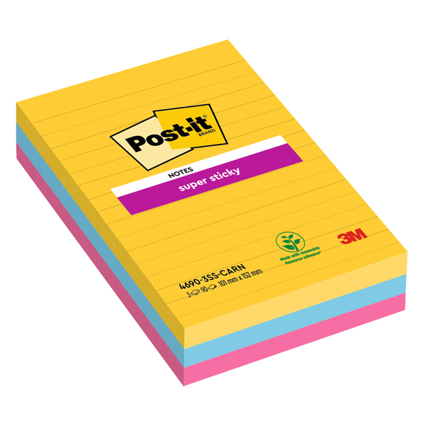 Blocco Post-it Super Sticky - 4690-3SS-CARN - a righe - 101 x 152 mm - colori Carnival - 90 fogli - Post-it - conf. 3 pezzi Blocco Post-it Super Sticky - 4690-3SS-CARN - a righe - 101 x 152 mm - colori Carnival - 90 fogli - Post-it - conf. 3 pezzi