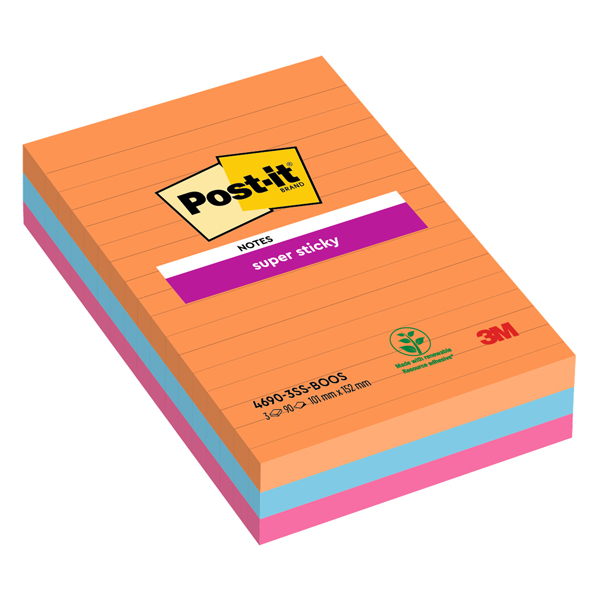 Blocco Post-it Super Sticky - 4690-3SS-BOOS - a righe - 101 x 152 mm - colori Boost - 90 fogli - Post-it - conf. 3 pezzi Blocco Post-it Super Sticky - 4690-3SS-BOOS - a righe - 101 x 152 mm - colori Boost - 90 fogli - Post-it - conf. 3 pezzi