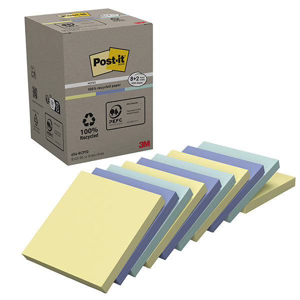 Blocco foglietti Post-it - 654-RCP10 - 76 x 76 mm - carta riciclata - colori pastel - 100 fogli - Post-it - conf. 10 pezzi Blocco foglietti Post-it - 654-RCP10 - 76 x 76 mm - carta riciclata - colori pastel - 100 fogli - Post-it - conf. 10 pezzi