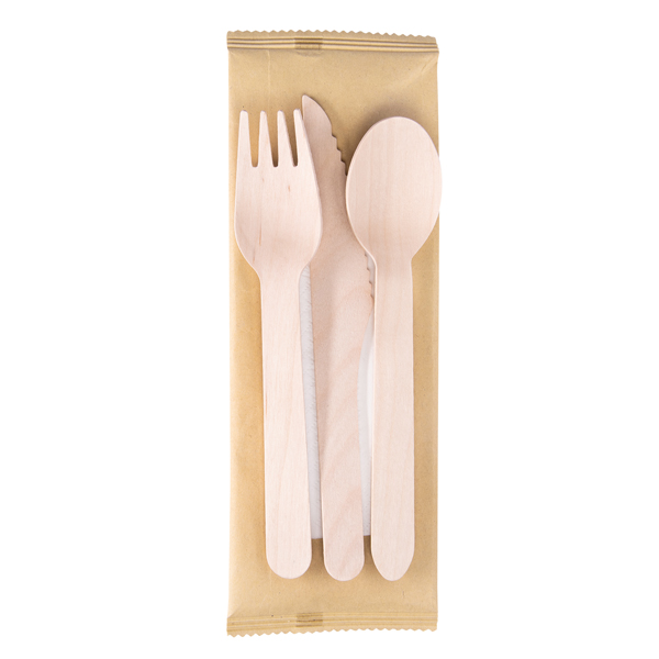 Tris posate monouso - con tovagliolo - 16 cm - legno - Signor Bio - conf. 100 pezzi Tris posate monouso - con tovagliolo - 16 cm - legno - Signor Bio - conf. 100 pezzi