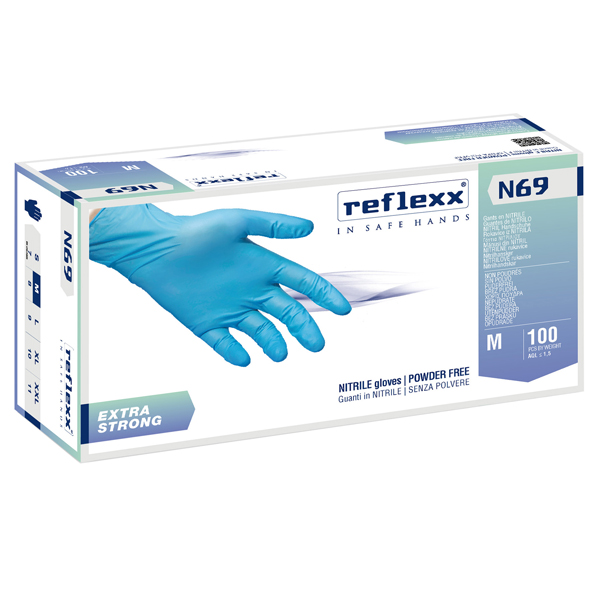 Guanti in nitrile extra strong N69 - senza polvere - taglia M - azzurro - Reflexx - conf. 100 pezzi Guanti in nitrile extra strong N69 - senza polvere - taglia M - azzurro - Reflexx - conf. 100 pezzi