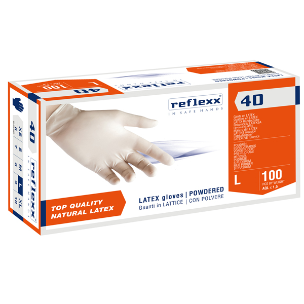 Guanti in lattice R40 - c/polvere - tg L - bianco - Reflexx - conf. 100 pezzi Guanti in lattice R40 - c/polvere - tg L - bianco - Reflexx - conf. 100 pezzi