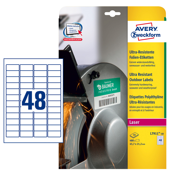 Etichette adesive - in PE - laser - permanenti - 45,7 x 21,2 mm - 48 et/fg - 10 fogli - bianco - Avery Etichette adesive - in PE - laser - permanenti - 45,7 x 21,2 mm - 48 et/fg - 10 fogli - bianco - Avery