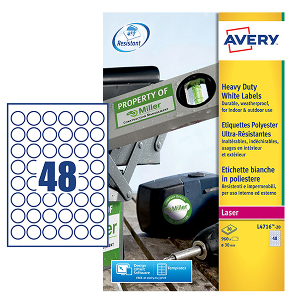 Etichette adesive tonde L4716 - in poliestere - laser - permanenti - diametro 30 mm - 48 et/fg - 20 fogli - bianco - Avery Etichette adesive tonde L4716 - in poliestere - laser - permanenti - diametro 30 mm - 48 et/fg - 20 fogli - bianco - Avery