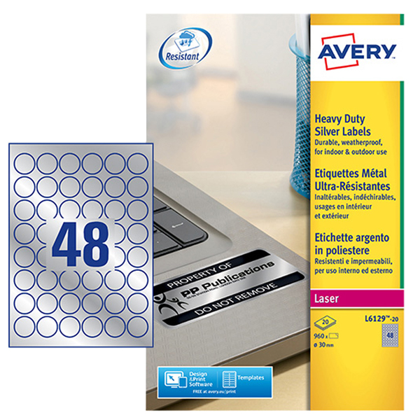 Etichette adesive tonde L6129 - in poliestere - laser - permanenti - diametro 30 mm - 48 et/fg - 20 fogli - argento - Avery Etichette adesive tonde L6129 - in poliestere - laser - permanenti - diametro 30 mm - 48 et/fg - 20 fogli - argento - Avery