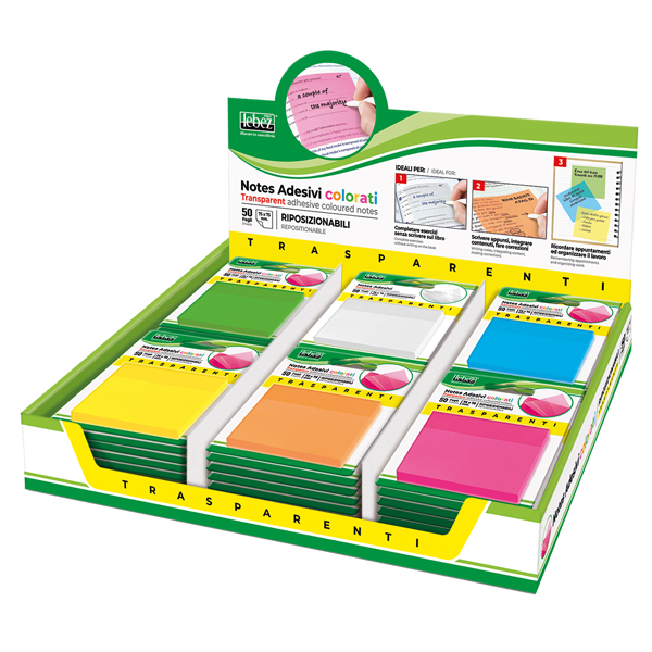 Blocchetto notes adesivo - 75 x 75 mm - colori traslucidi assortiti - Lebez - Box 72 blocchetti Blocchetto notes adesivo - 75 x 75 mm - colori traslucidi assortiti - Lebez - Box 72 blocchetti