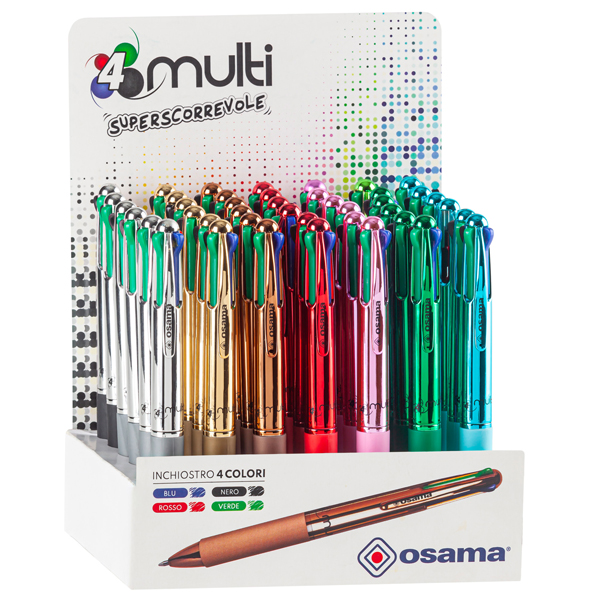 Penna a sfera a scatto 4 Color - fusto cromato - Osama - expo 42 pezzi Penna a sfera a scatto 4 Color - fusto cromato - Osama - expo 42 pezzi