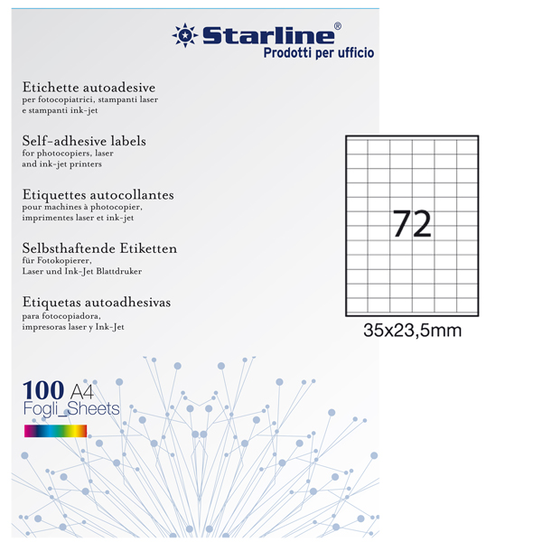 Etichette adesive - in carta - permanenti - 35 x 23,5 mm - 72 et/fg - 100 fogli - bianco - Starline Etichette adesive - in carta - permanenti - 35 x 23,5 mm - 72 et/fg - 100 fogli - bianco - Starline