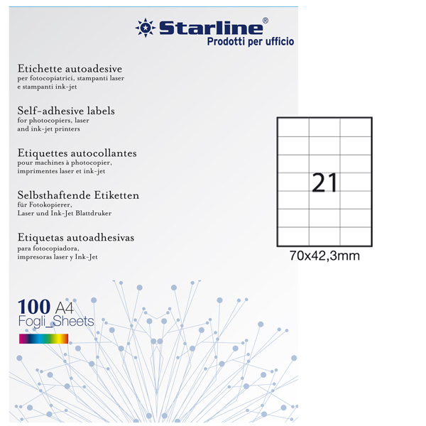 Etichette adesive - in carta - permanenti - 70 x 42,3 mm - 21 et/fg - 100 fogli - bianco - Starline Etichette adesive - in carta - permanenti - 70 x 42,3 mm - 21 et/fg - 100 fogli - bianco - Starline