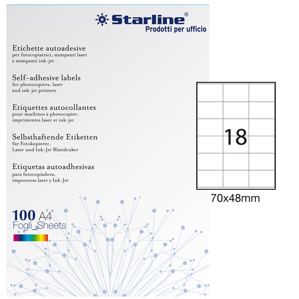 Etichette adesive - in carta - permanenti - 70 x 48 mm - 18 et/fg - 100 fogli - bianco - Starline Etichette adesive - in carta - permanenti - 70 x 48 mm - 18 et/fg - 100 fogli - bianco - Starline