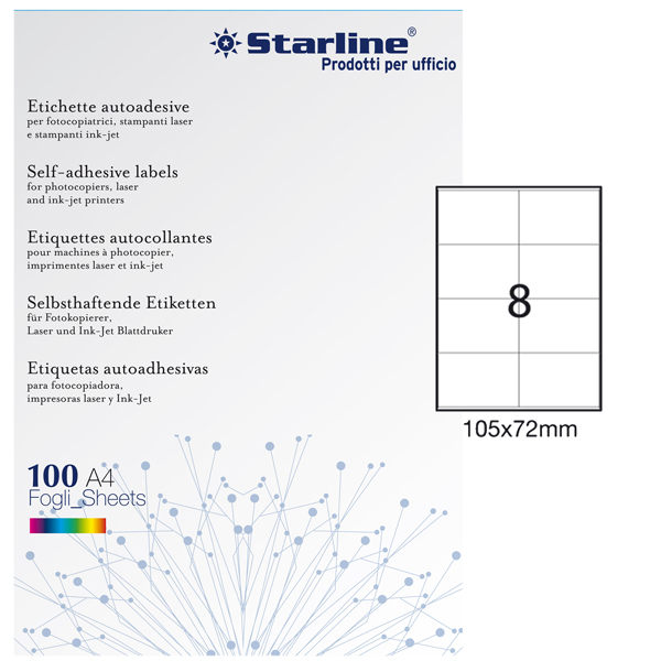Etichette adesive - in carta - permanenti - 105 x 72 mm - 8 et/fg - 100 fogli - bianco - Starline Etichette adesive - in carta - permanenti - 105 x 72 mm - 8 et/fg - 100 fogli - bianco - Starline
