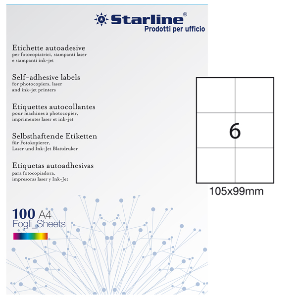 Etichette adesive - in carta - permanenti - 105 x 99 mm - 6 et/fg - 100 fogli - bianco - Starline Etichette adesive - in carta - permanenti - 105 x 99 mm - 6 et/fg - 100 fogli - bianco - Starline