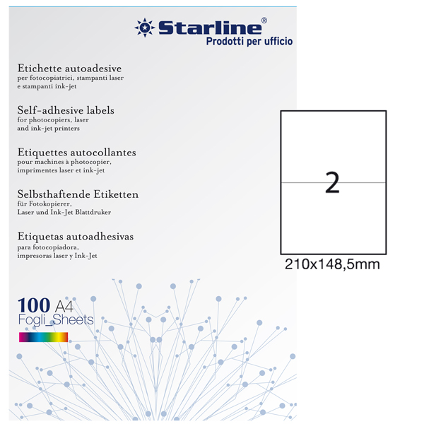 Etichette adesive - in carta - permanenti - 210 x 148,5 mm - 2 et/fg - 100 fogli - bianco - Starline Etichette adesive - in carta - permanenti - 210 x 148,5 mm - 2 et/fg - 100 fogli - bianco - Starline