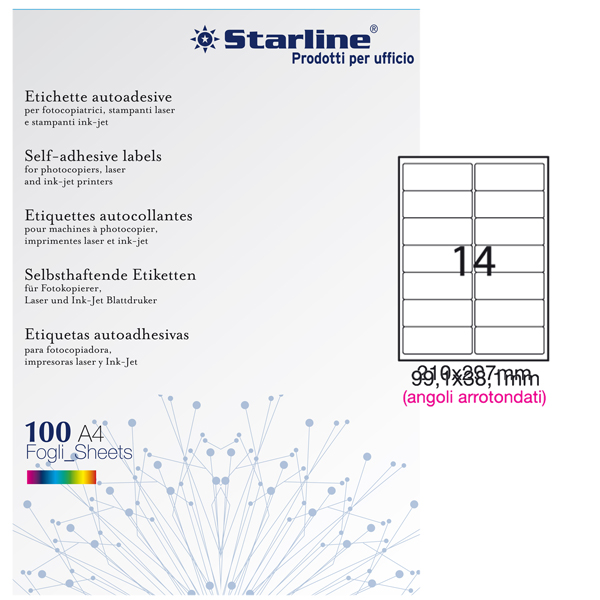Etichette adesive - in carta - angoli arrotondati - permanenti - 99,1 x 38,1 mm - 14 et/fg - 100 fogli - bianco - Starline Etichette adesive - in carta - angoli arrotondati - permanenti - 99,1 x 38,1 mm - 14 et/fg - 100 fogli - bianco - Starline