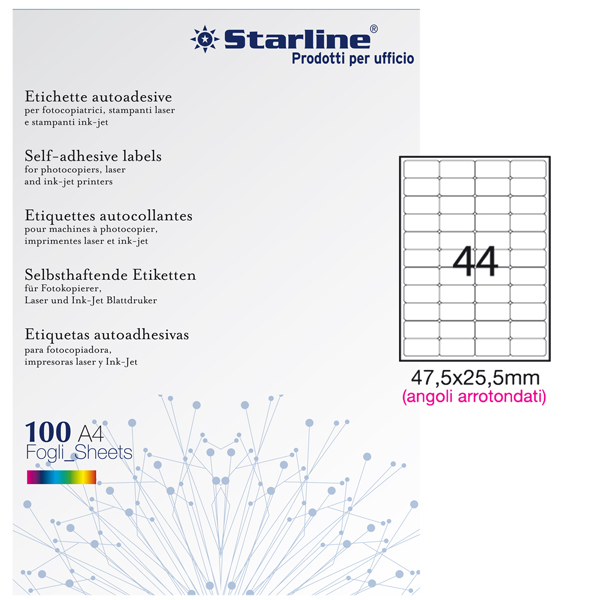 Etichette adesive - in carta - angoli arrotondati - permanenti - 47,5 x 25,5 mm - 44 et/fg - 100 fogli - bianco - Starline Etichette adesive - in carta - angoli arrotondati - permanenti - 47,5 x 25,5 mm - 44 et/fg - 100 fogli - bianco - Starline