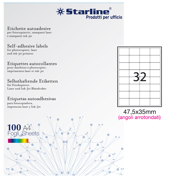 Etichette adesive - in carta - angoli arrotondati - permanenti - 47,5 x 35 mm - 32 et/fg - 100 fogli - bianco - Starline Etichette adesive - in carta - angoli arrotondati - permanenti - 47,5 x 35 mm - 32 et/fg - 100 fogli - bianco - Starline