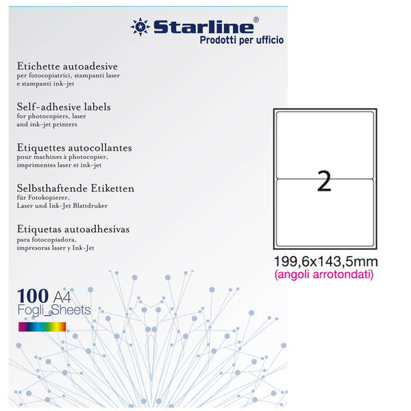 Etichette adesive - in carta - angoli arrotondati - permanenti - 199,6 x 143,5 mm - 2 et/fg - 100 fogli - bianco - Starline Etichette adesive - in carta - angoli arrotondati - permanenti - 199,6 x 143,5 mm - 2 et/fg - 100 fogli - bianco - Starline