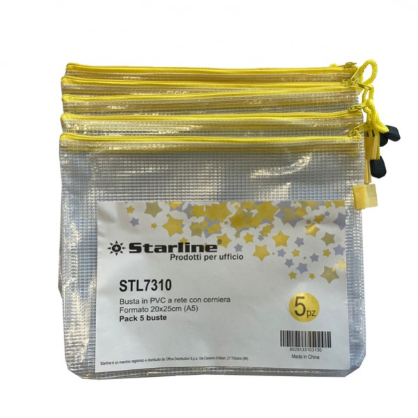 Busta a rete con cerniera gialla - PVC - 20 x 25 cm - trasparente - Starline. Busta a rete con cerniera gialla - PVC - 20 x 25 cm - trasparente - Starline.