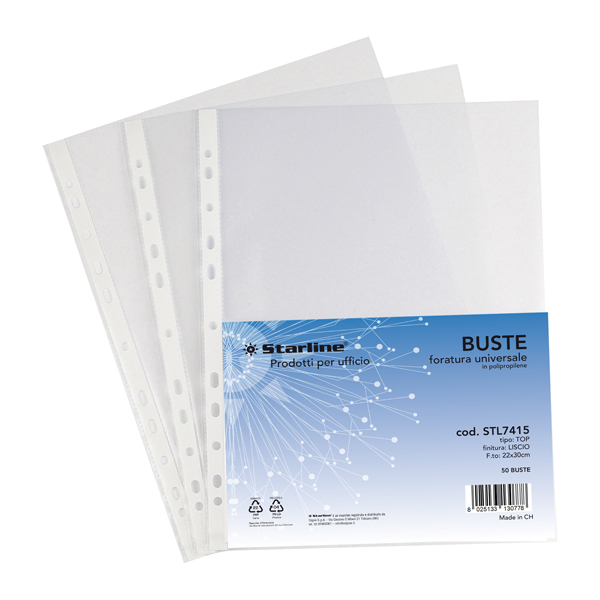 Buste forate Top - liscio - 22 x 30 cm - trasparente - Starline - conf. 50 pezzi Buste forate Top - liscio - 22 x 30 cm - trasparente - Starline - conf. 50 pezzi