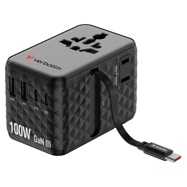 Adattatore - da viaggio universale - GaN III - con cavo USB-C retrattile - Nero - Verbatim