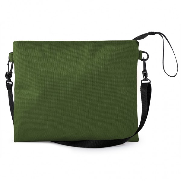 dal design lineare e giovanile, con tracolla regolabile e staccabile a mezzo moschettoni in plastica. Con chiusura a zip VM (verde militare)