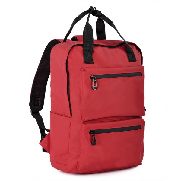 ampio scomparto principale con chiusura a zip, con scomparto imbottito interno per portatile, due tasche frontali con chiusura a zip e due tasche laterali aperte. Schienale e spallacci imbottiti R (rosso)