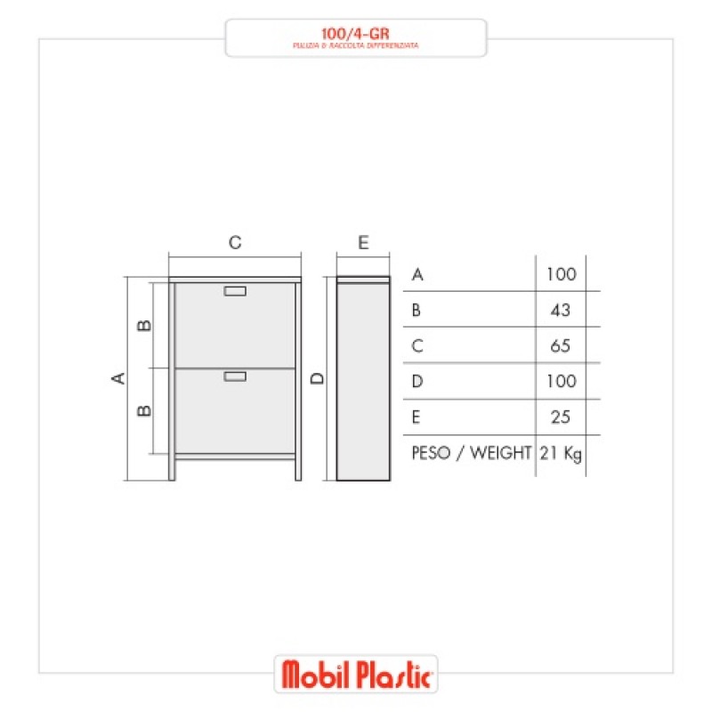 Mobiletto ventilato raccolta differenziata grigio Eco Air 4 IGO-MBL/100/4-GR