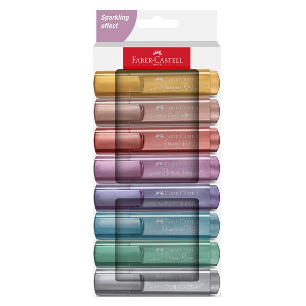 Evidenziatore FABER CASTELL Textliner 46 punta a scalpello tratto 1,0-3,0-5,0 mm colori assortiti metallic plastica 100% riciclata astuccio 8 colori video