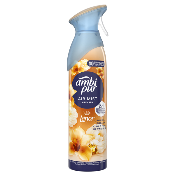 Deodorante AMBIPUR Lenor per ambienti elimina odori oro e fiori di vaniglia spray da 185 ml cf 1 pz Deodorante AMBIPUR Lenor per ambienti elimina odori oro e fiori di vaniglia spray da 185 ml cf 1 pz