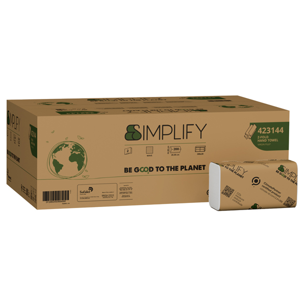Asciugamani PAPERNET piegati a Z Simplify colore bianco EU Ecolabel carta pura cellulosa 24x20,3 cm goffratura a onda wave 2 veli pacco da 200 pz cf 20 pacchi