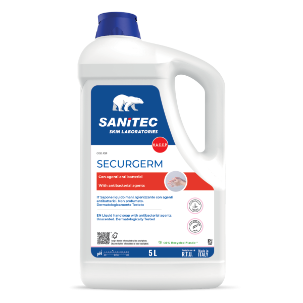 Sapone mani SANITEC Securgem HACCP liquido sanificante nuova formula con clorexidina e 2 principi attivi antibatterici 5 lit. Sapone mani SANITEC Securgem HACCP liquido sanificante nuova formula con clorexidina e 2 principi attivi antibatterici 5 lit.