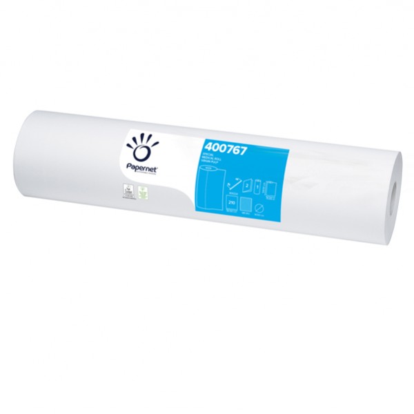 Lenzuolino medico PAPERNET Eco 80 Ecolabel bianco 2 veli micro goffrato pura cellulosa  diametro 14,5 cm altezza strappo 59,5 cm lunghezza rotolo 77 mt lunghezza strappo 36,5 cm strappi 210 cf 6 pz