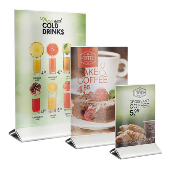 Display da tavolo SECURIT in acrilico con base elegante in acciaio formato A6 (10,5x15 cm) cf 1 pz