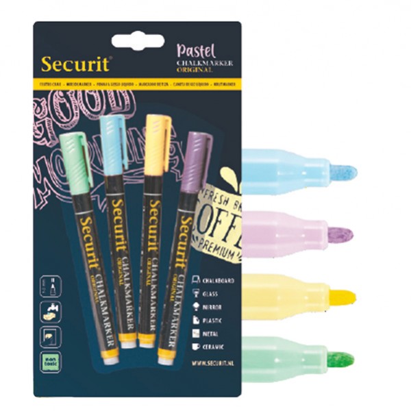 Marcatore SECURIT a gesso liquido colore assortiti colore pastello: azzurro lilla giallo verde materiale plastica punta fine da 1-2 mm cf 4 pezzi