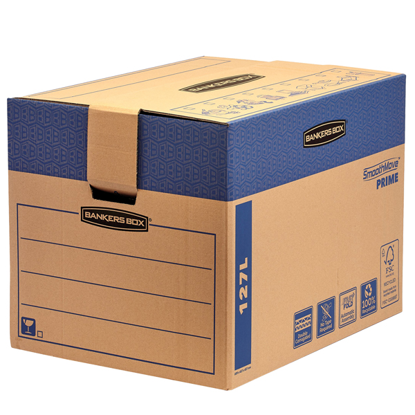 Scatola per traslochi BANKERS BOX SmoothMove Prime Fastfold in robusto cartone a doppio strato assemblaggio manuale e chiusura con nastro adesivo standard capacità 127 lit. dimensioni 46,3 x 48 x 63,2 cm cf 10 pz Scatola per traslochi BANKERS BOX SmoothMove Prime Fastfold in robusto cartone a doppio strato assemblaggio manuale e chiusura con nastro adesivo standard capacità 127 lit. dimensioni 46,3 x 48 x 63,2 cm cf 10 pz