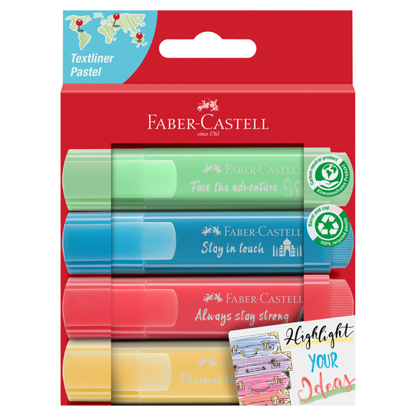 Evidenziatore FABER CASTELL Textliner 46 punta a scalpello tratto 1,0-2,0-5,0 mm colori assortiti metallic plastica 100% riciclata cf 4 colori assortiti
