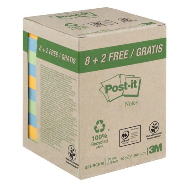 Blocco foglietti Post-it® 654-RCP10 76x76mm carta riciclata colori pastello 100 fg cf.10 pz IGO-OD7100172343