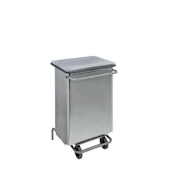 Contenitore mobile a pedale con tubolari in inox conforme al metodo HACCP struttura e coperchio in acciaio finitura brillante dimensioni 440x480x755 mm capienza 70 lit cf 1 pz