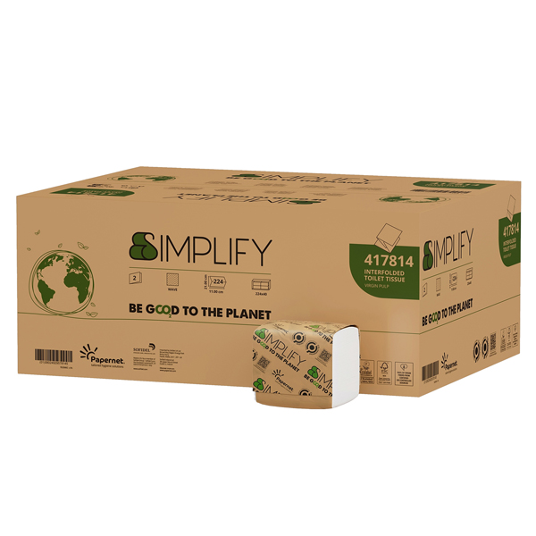 Carta igienica PAPERNET Simplify interfogliata colore bianco pura cellulosa goffratura wave EU Ecolabel 2 veli dimensione 11x10,5 cm pacco da 224 strappi cf 40 pacchi 